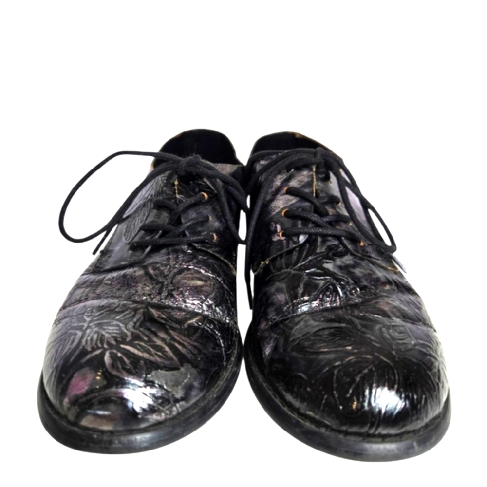 Patricia Nash Black Silver Leather Floral Embossed Lace-Up Oxford Loafers 6.5M - Picture 3 of 15